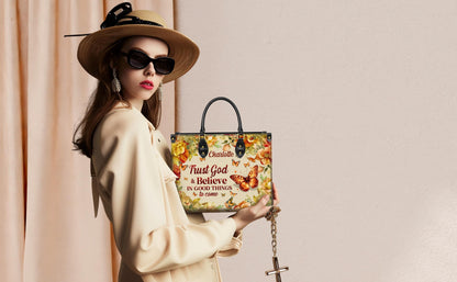 Personalized Leather Handbag Custom Name, Christian Gift, Gifts for Women, Trust God & Believe Floral Bag, Butterfly and Flower Design