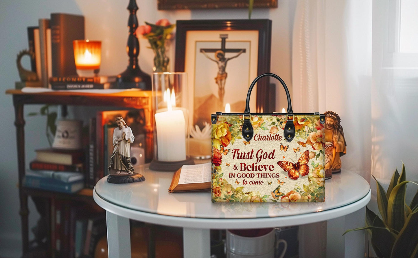Personalized Leather Handbag Custom Name, Christian Gift, Gifts for Women, Trust God & Believe Floral Bag, Butterfly and Flower Design
