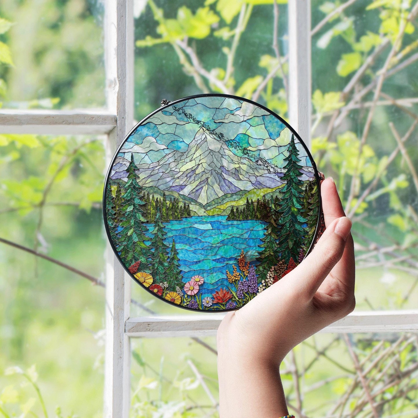 Mountain Lake View Stained Glass Style Suncatcher Nature Scene Art Gift for Hikers and Campers