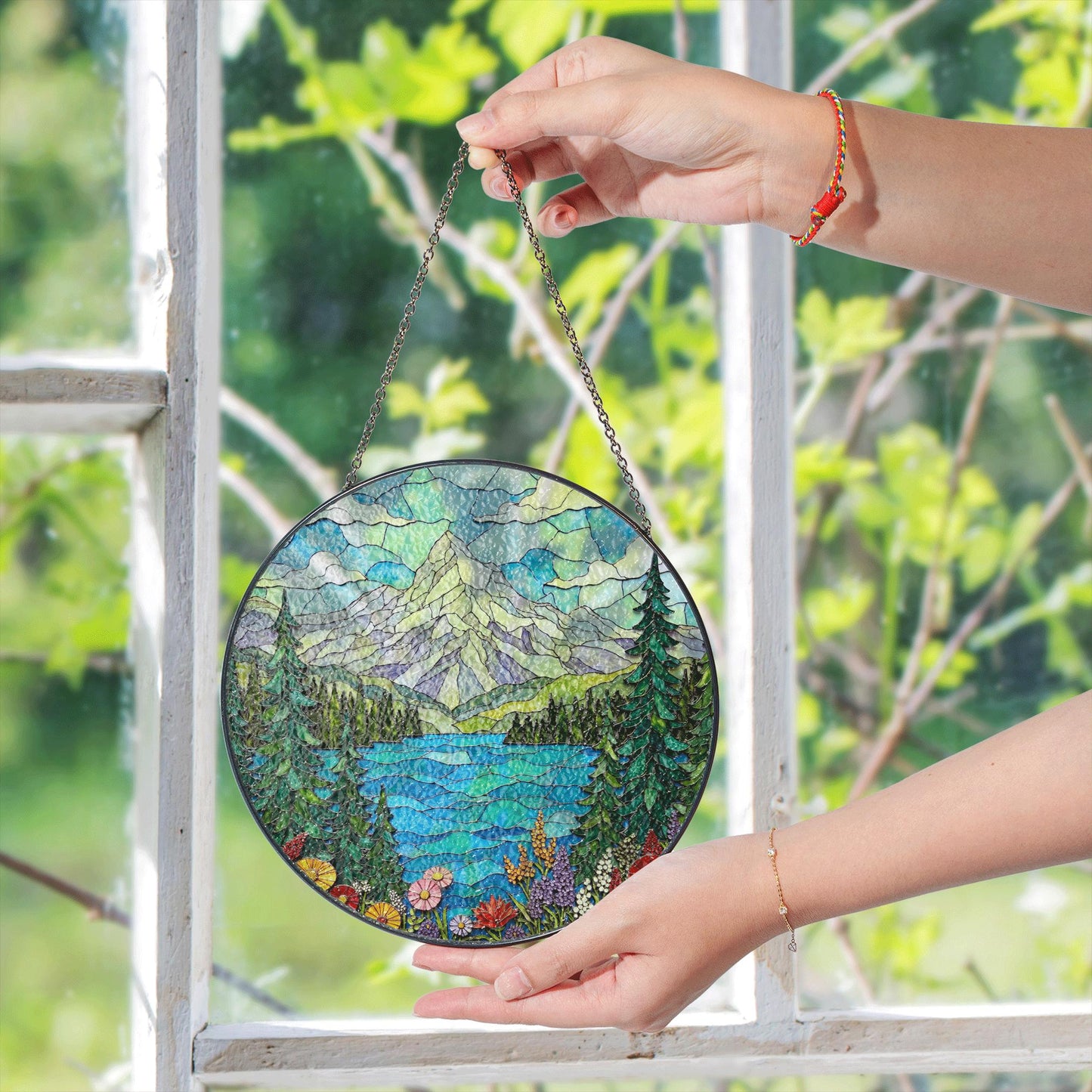 Mountain Lake View Stained Glass Style Suncatcher Nature Scene Art Gift for Hikers and Campers