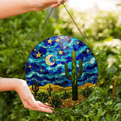 Starry Desert Night Cactus Stained Glass Suncatcher Window Decor Gift for Nature Lovers