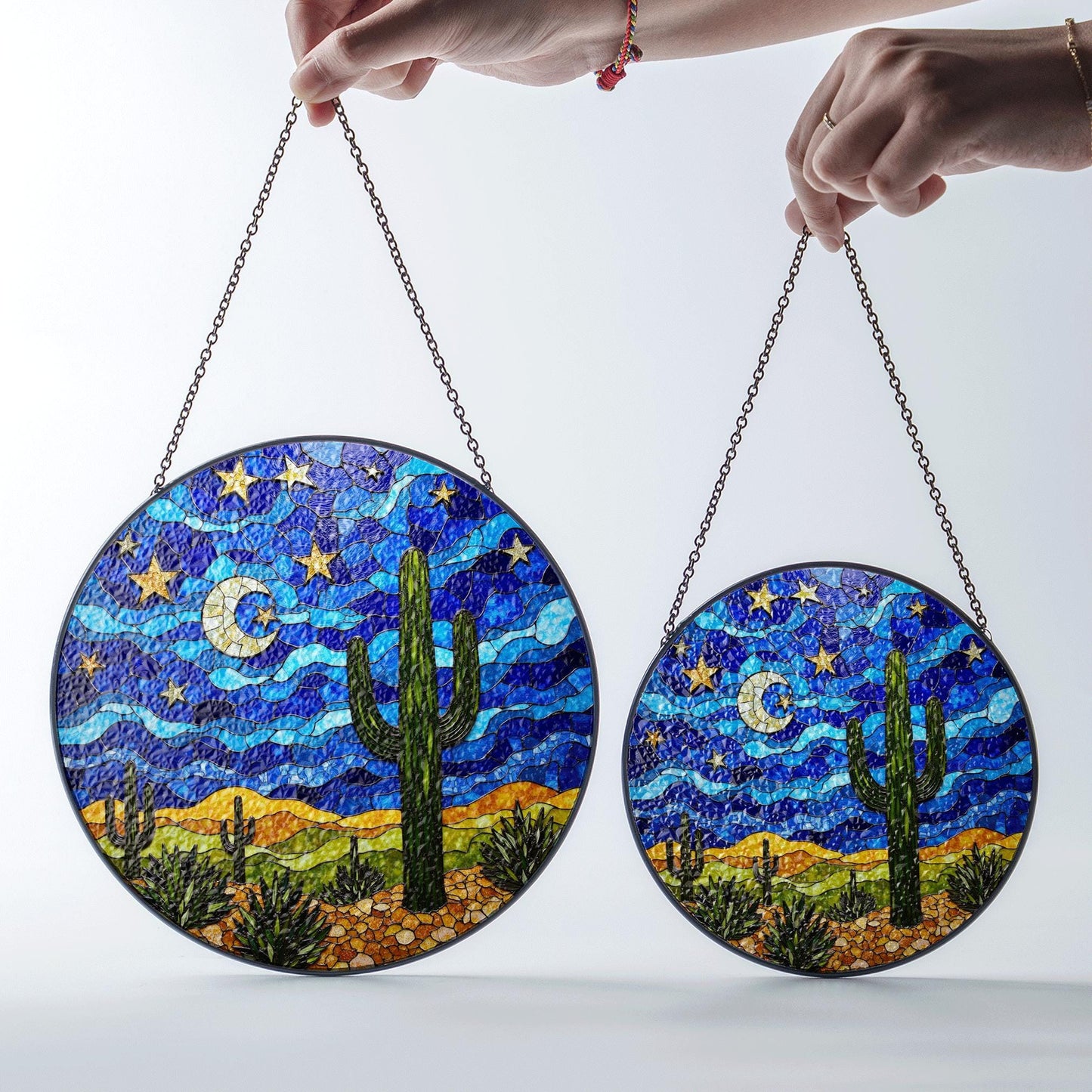 Starry Desert Night Cactus Stained Glass Suncatcher Window Decor Gift for Nature Lovers