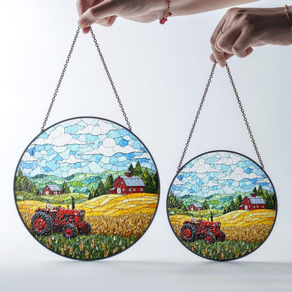 Red Tractor Farm Scene Stained Glass Suncatcher Country Landscape Window Decor Gift Dad