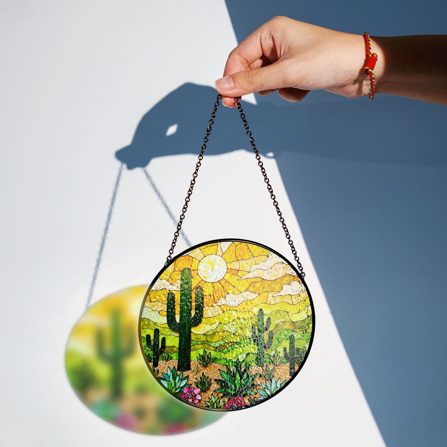 desert cactus landscape suncatcher stained glass window decor gift for plant lover