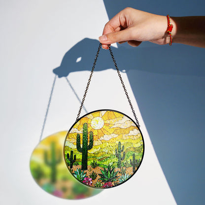 desert cactus landscape suncatcher stained glass window decor gift for plant lover