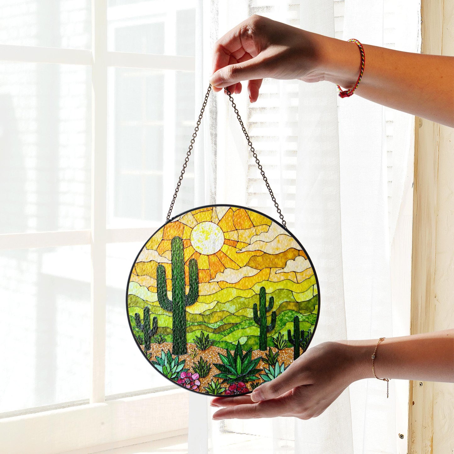 desert cactus landscape suncatcher stained glass window decor gift for plant lover