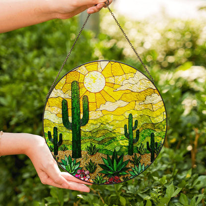 desert cactus landscape suncatcher stained glass window decor gift for plant lover