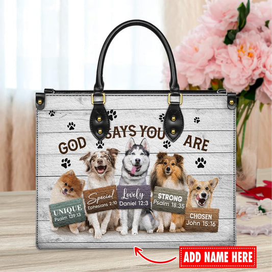 Personalized Leather Handbag Custom Name, Christian Gift, Gifts for Women, God Says You Are Dog Design, Inspirational Bible Verses