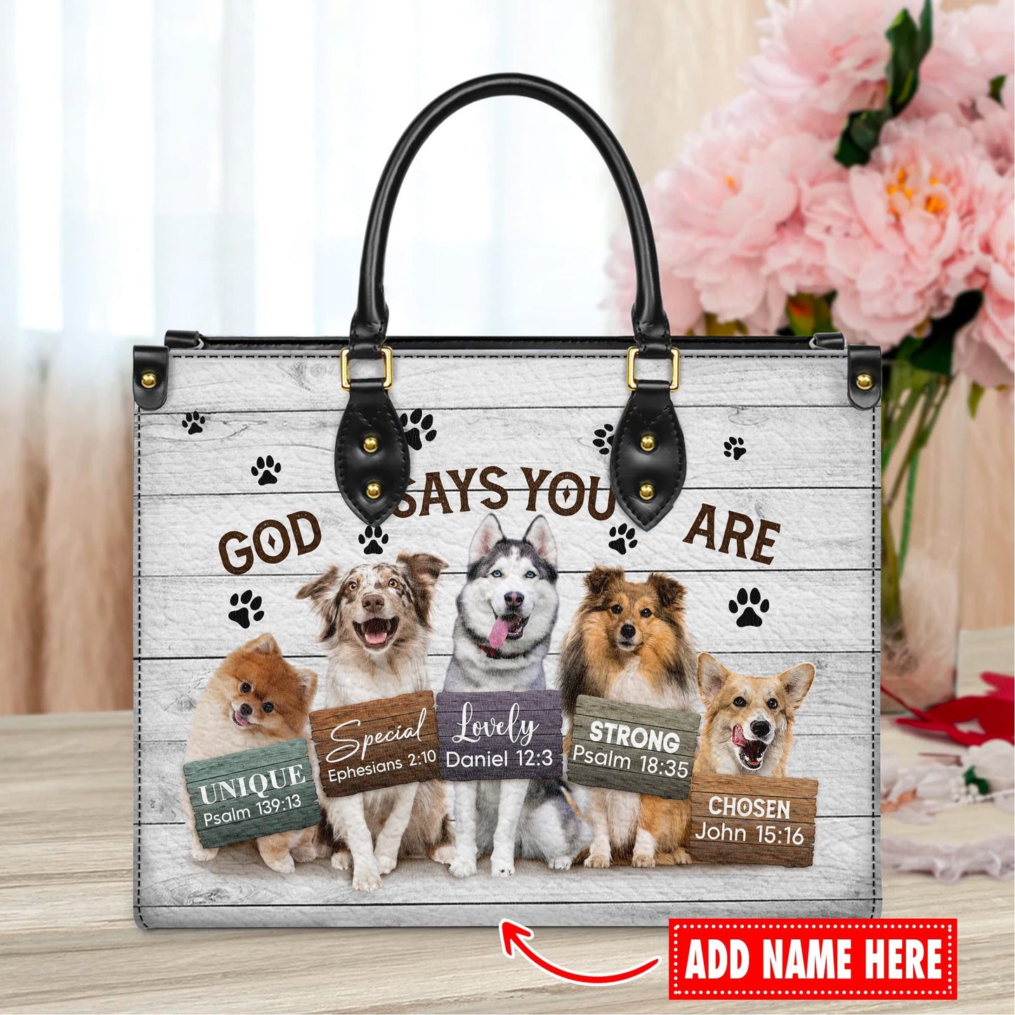 Personalized Leather Handbag Custom Name, Christian Gift, Gifts for Women, God Says You Are Dog Design, Inspirational Bible Verses