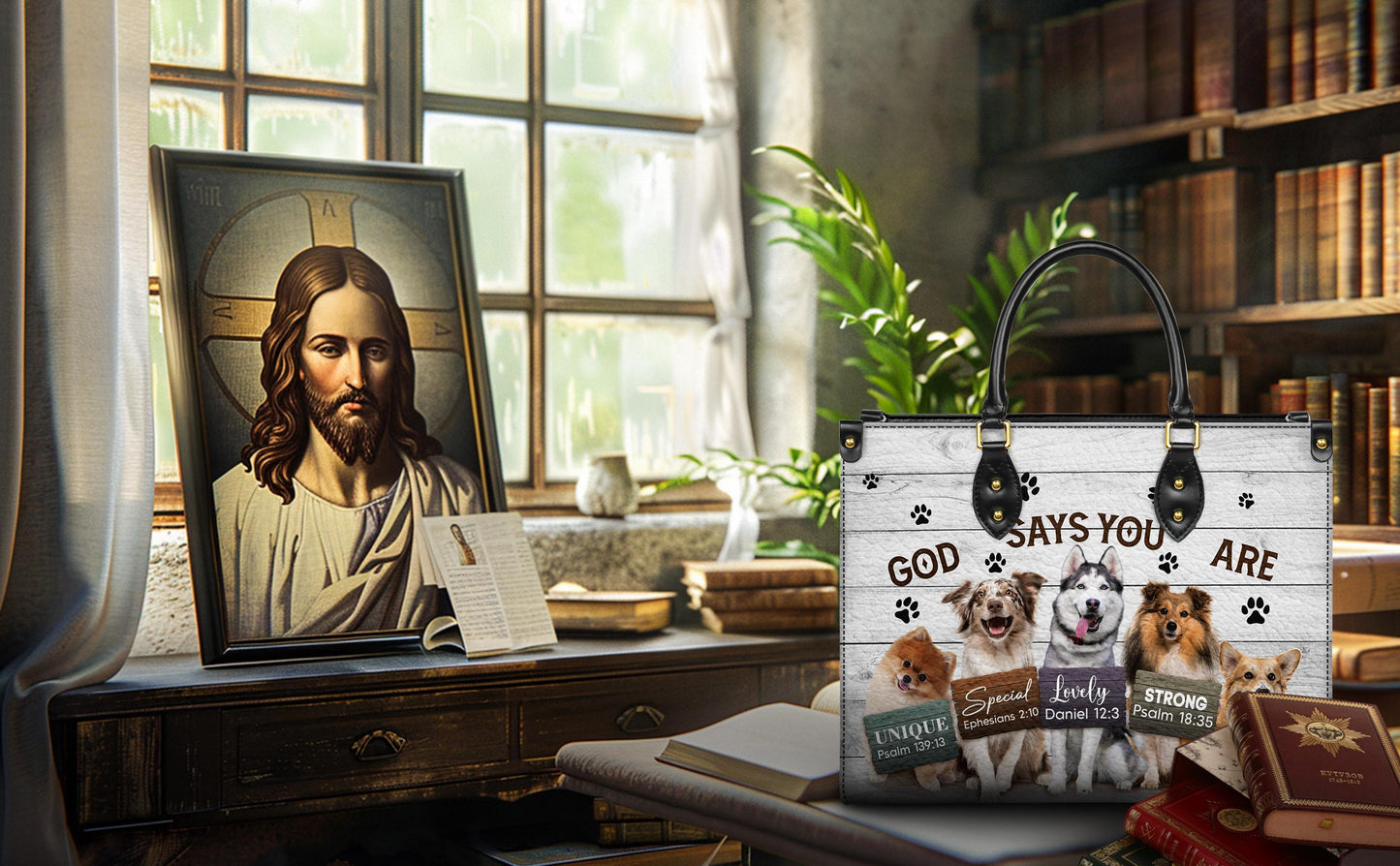 Personalized Leather Handbag Custom Name, Christian Gift, Gifts for Women, God Says You Are Dog Design, Inspirational Bible Verses