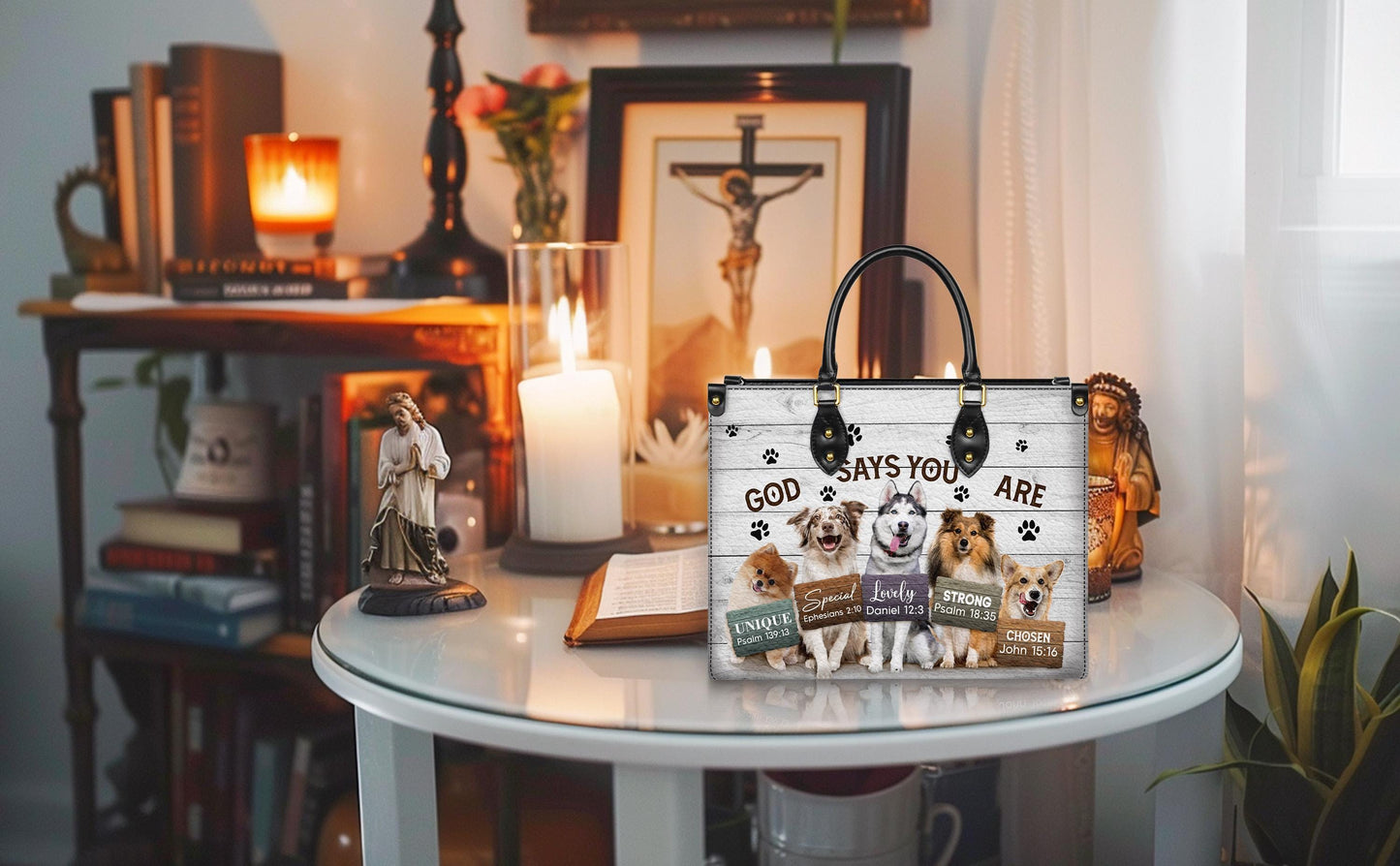 Personalized Leather Handbag Custom Name, Christian Gift, Gifts for Women, God Says You Are Dog Design, Inspirational Bible Verses