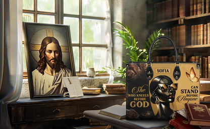 Personalized Leather Handbag Custom Name, Christian Gift, She Who Kneels Before God Stand Before Anyone Bag, Butterfly Design