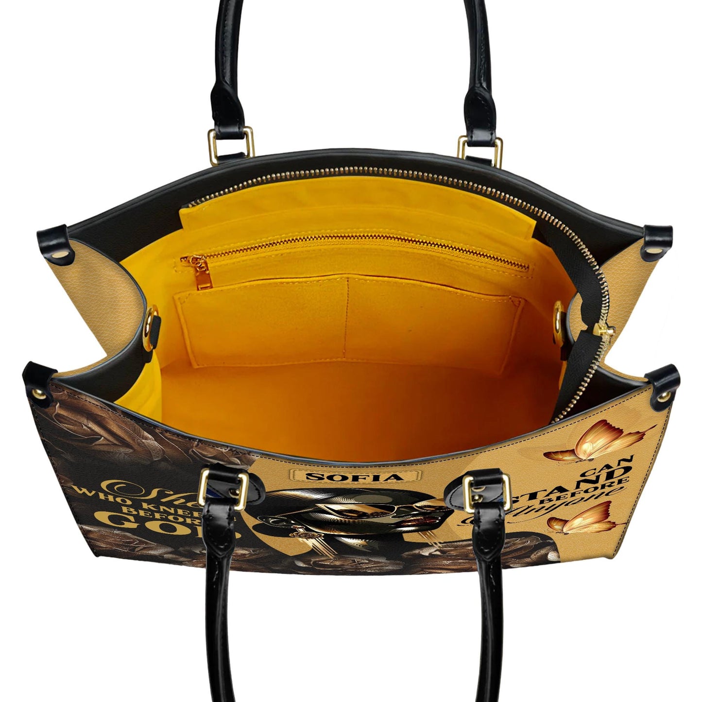 Personalized Leather Handbag Custom Name, Christian Gift, She Who Kneels Before God Stand Before Anyone Bag, Butterfly Design
