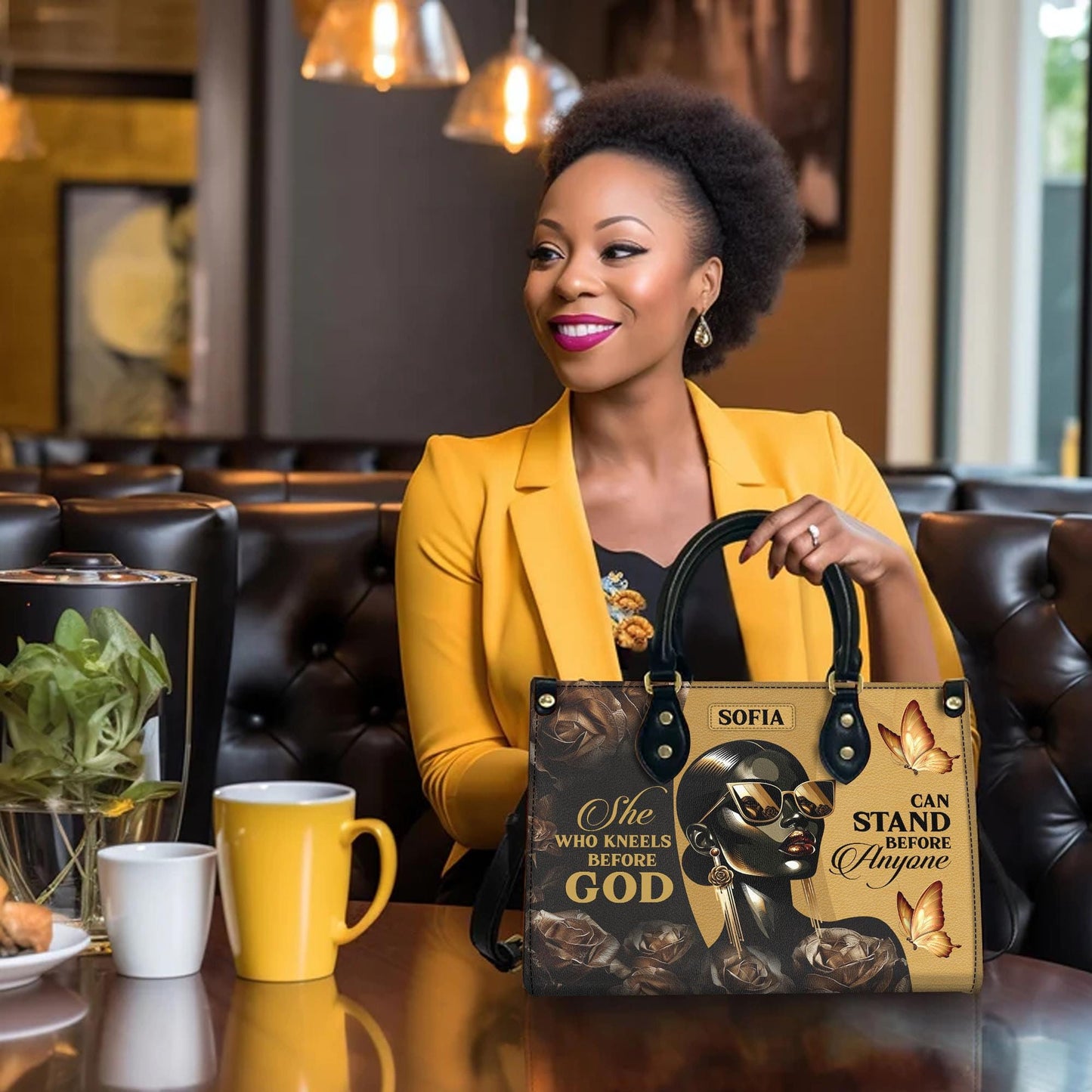 Personalized Leather Handbag Custom Name, Christian Gift, She Who Kneels Before God Stand Before Anyone Bag, Butterfly Design