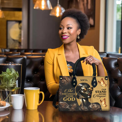 Personalized Leather Handbag Custom Name, Christian Gift, She Who Kneels Before God Stand Before Anyone Bag, Butterfly Design