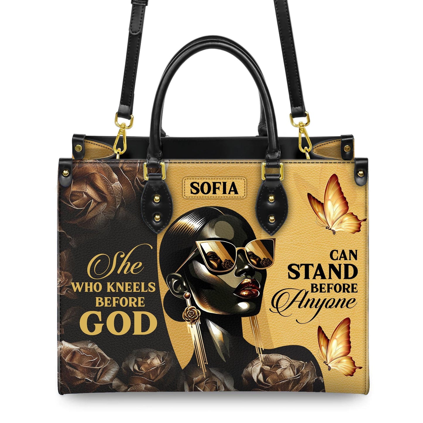 Personalized Leather Handbag Custom Name, Christian Gift, She Who Kneels Before God Stand Before Anyone Bag, Butterfly Design