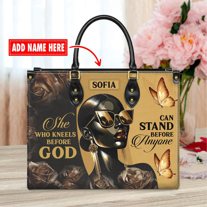 Personalized Leather Handbag Custom Name, Christian Gift, She Who Kneels Before God Stand Before Anyone Bag, Butterfly Design
