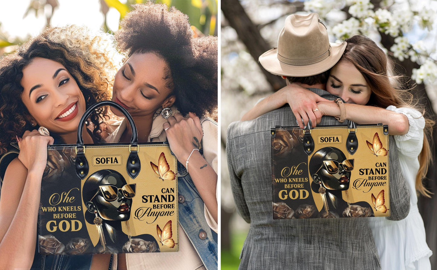 Personalized Leather Handbag Custom Name, Christian Gift, She Who Kneels Before God Stand Before Anyone Bag, Butterfly Design