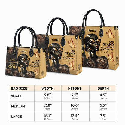 Personalized Leather Handbag Custom Name, Christian Gift, She Who Kneels Before God Stand Before Anyone Bag, Butterfly Design