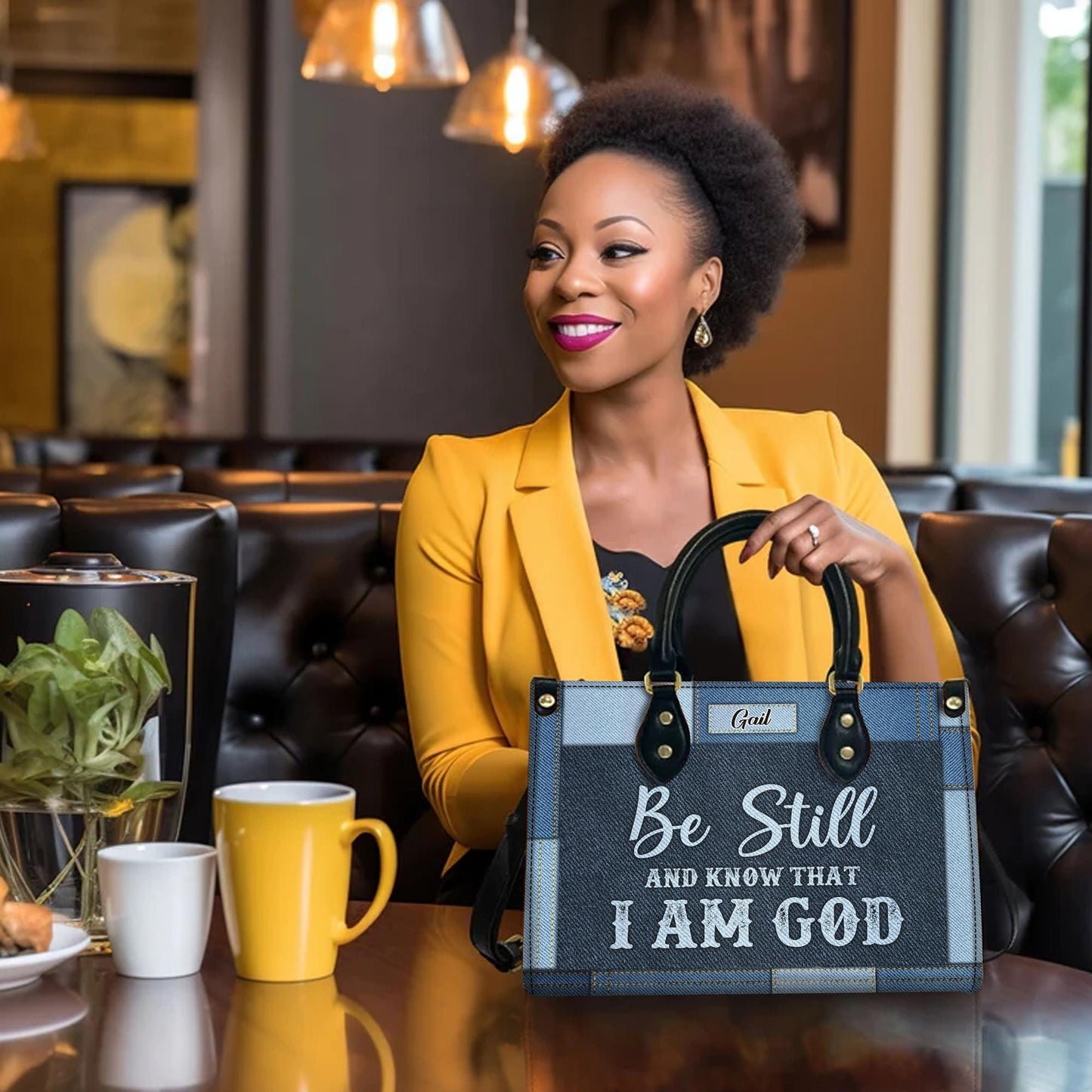 Personalized Leather Handbag Custom Name, Christian Gift, Gifts for Women, Be Still and Know I Am God Denim Bag, Peaceful Message Design