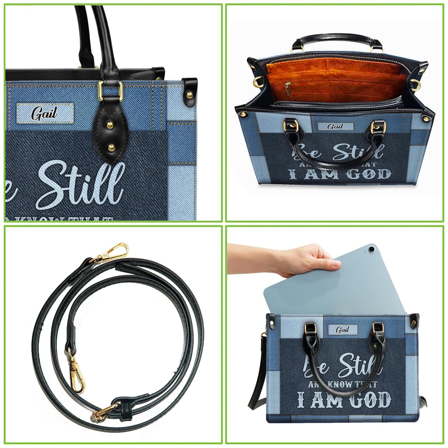 Personalized Leather Handbag Custom Name, Christian Gift, Gifts for Women, Be Still and Know I Am God Denim Bag, Peaceful Message Design
