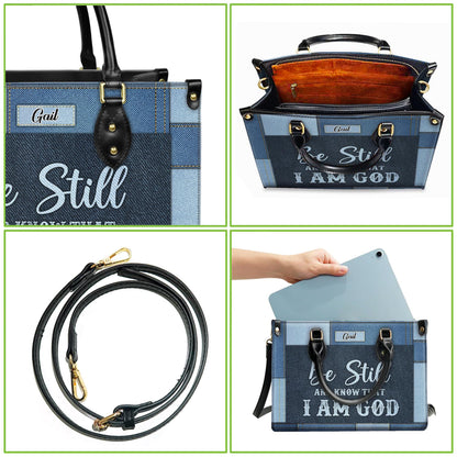 Personalized Leather Handbag Custom Name, Christian Gift, Gifts for Women, Be Still and Know I Am God Denim Bag, Peaceful Message Design