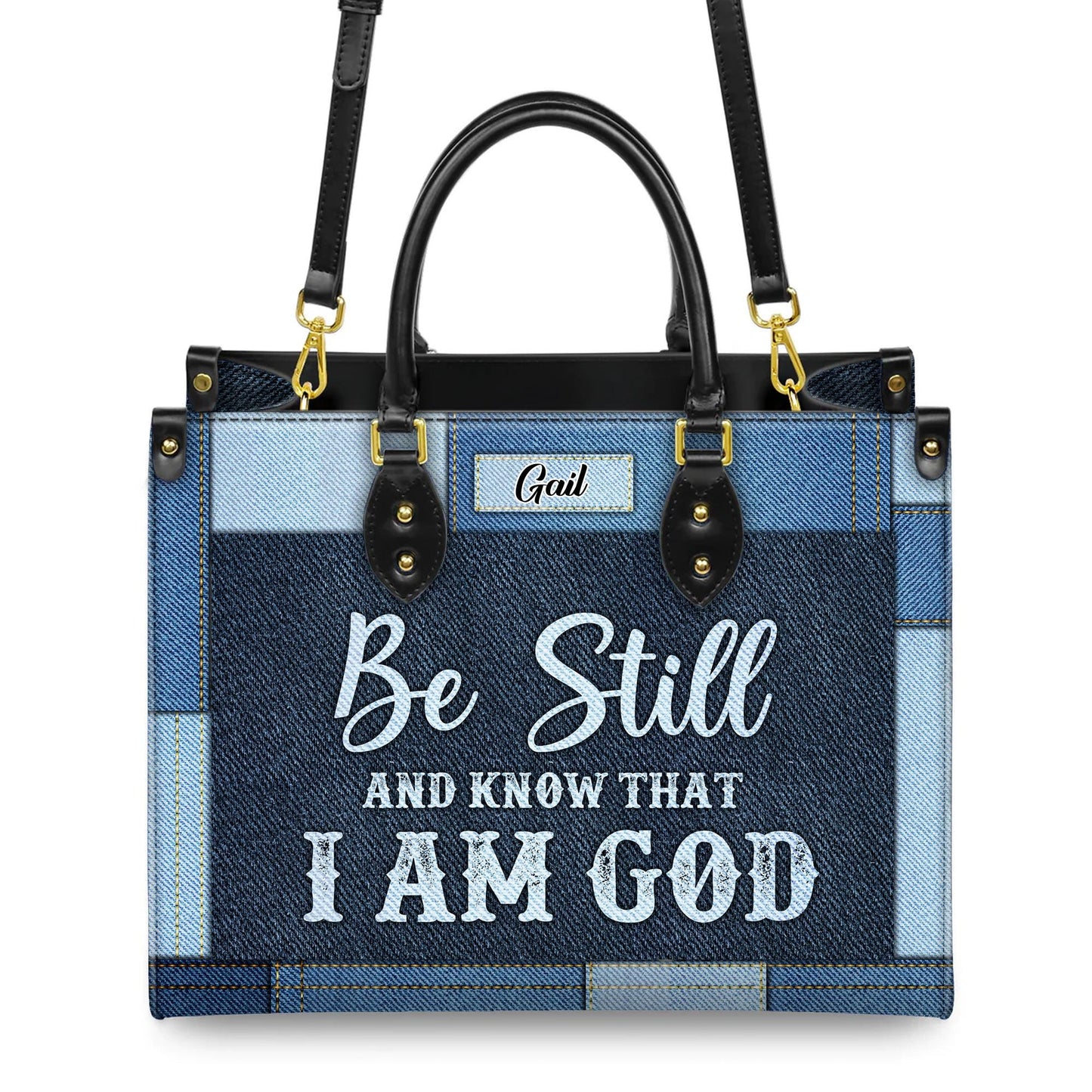 Personalized Leather Handbag Custom Name, Christian Gift, Gifts for Women, Be Still and Know I Am God Denim Bag, Peaceful Message Design