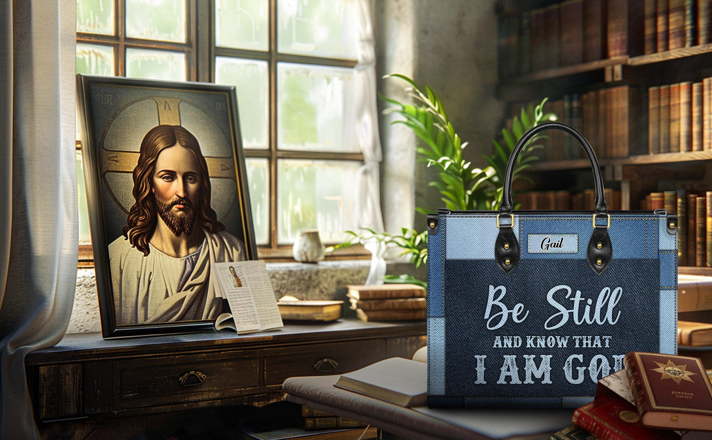 Personalized Leather Handbag Custom Name, Christian Gift, Gifts for Women, Be Still and Know I Am God Denim Bag, Peaceful Message Design