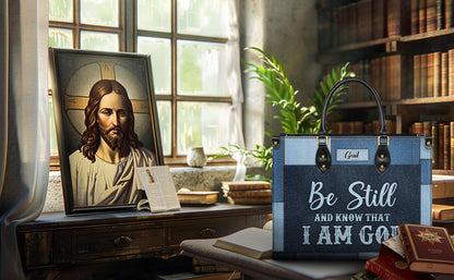 Personalized Leather Handbag Custom Name, Christian Gift, Gifts for Women, Be Still and Know I Am God Denim Bag, Peaceful Message Design