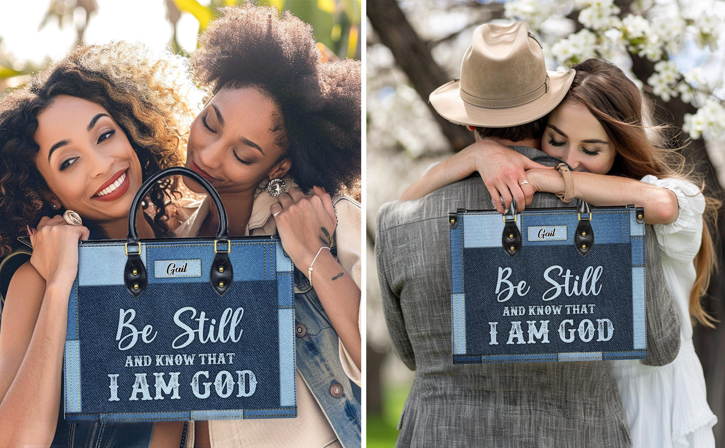 Personalized Leather Handbag Custom Name, Christian Gift, Gifts for Women, Be Still and Know I Am God Denim Bag, Peaceful Message Design