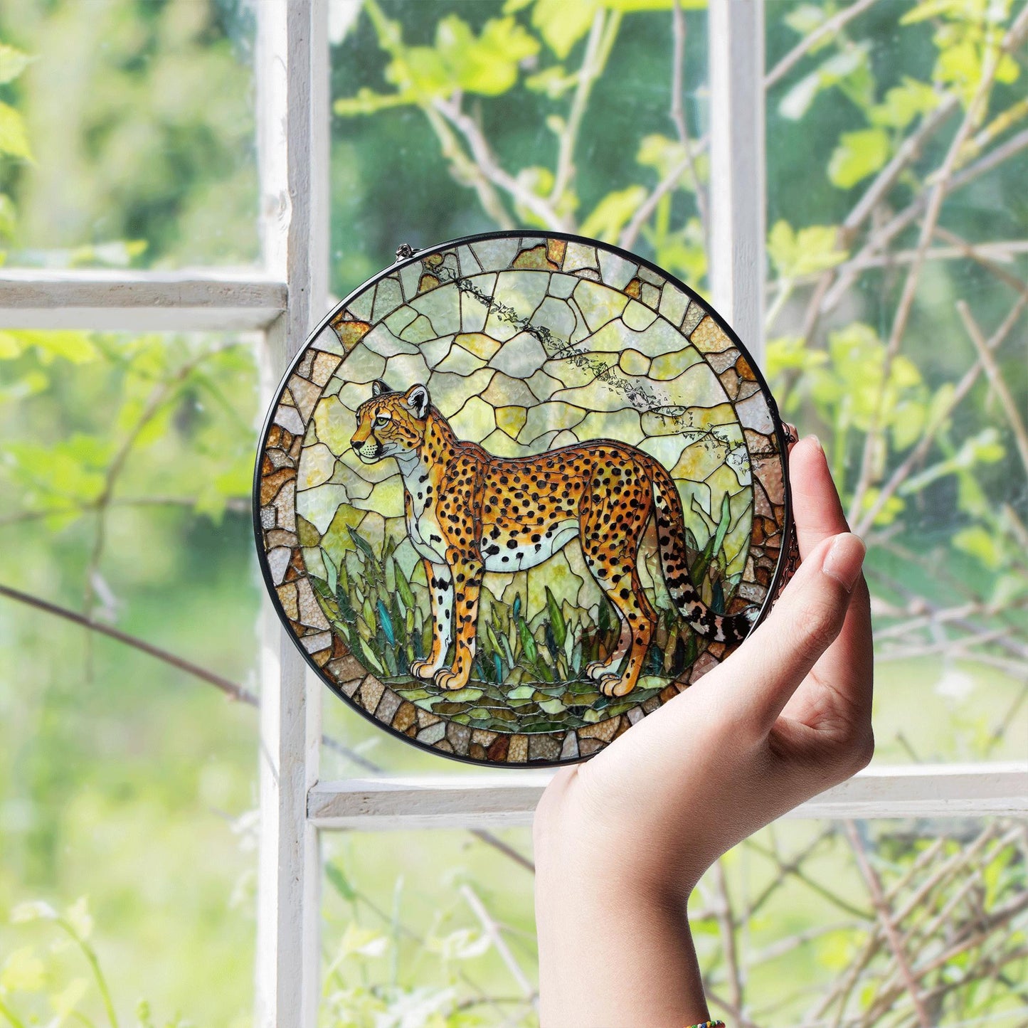 Stained Glass Cheetah Suncatcher Safari Animal Decor Gift for Dad