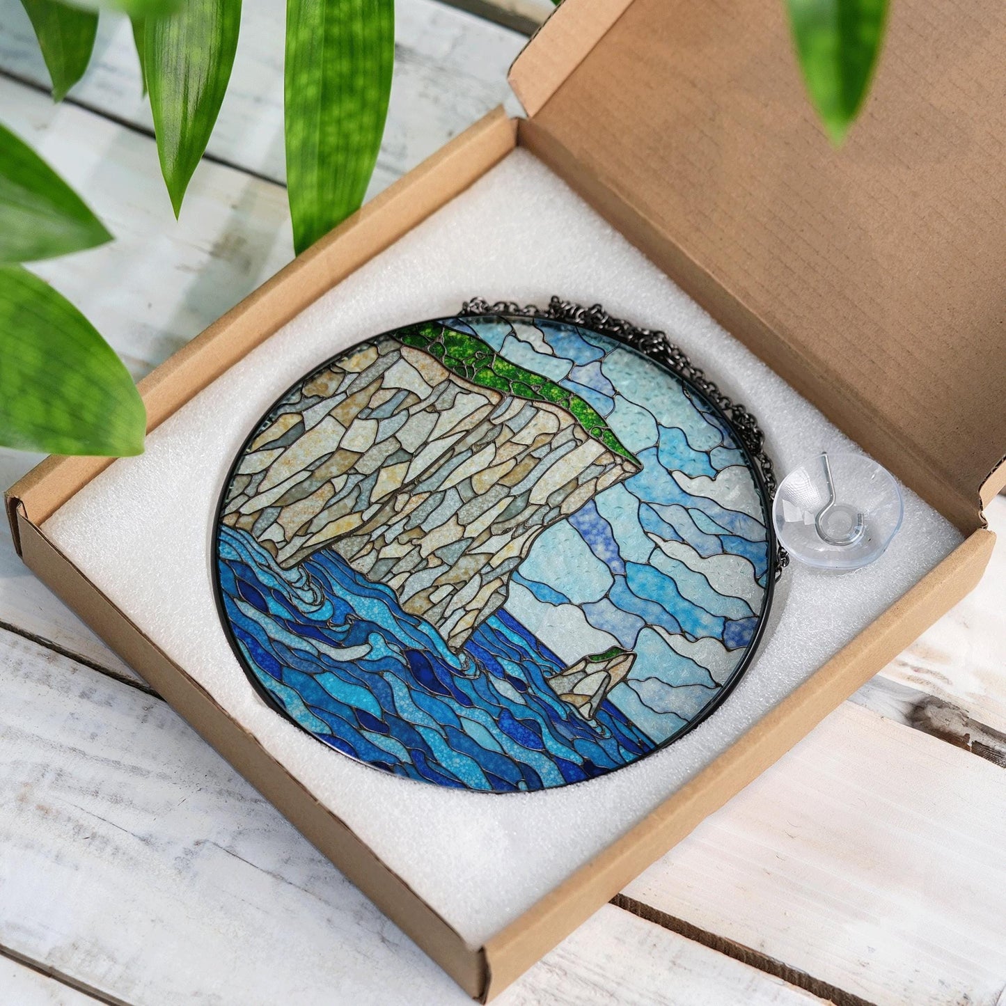 Coastal Cliff Ocean View Stained Glass Suncatcher Handmade Window Art Gift for Nature Lover