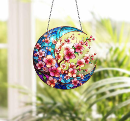 Sakura Twig Branch ACRYLIC Window Hanging, Cherry Blossom Crescent Moon Wall Window Hanging Art Decoration Ornament, Mother's Day Gift