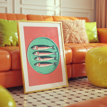 Retro Sardines Plate Print: Mid-Century Modern Kitchen Wall Art