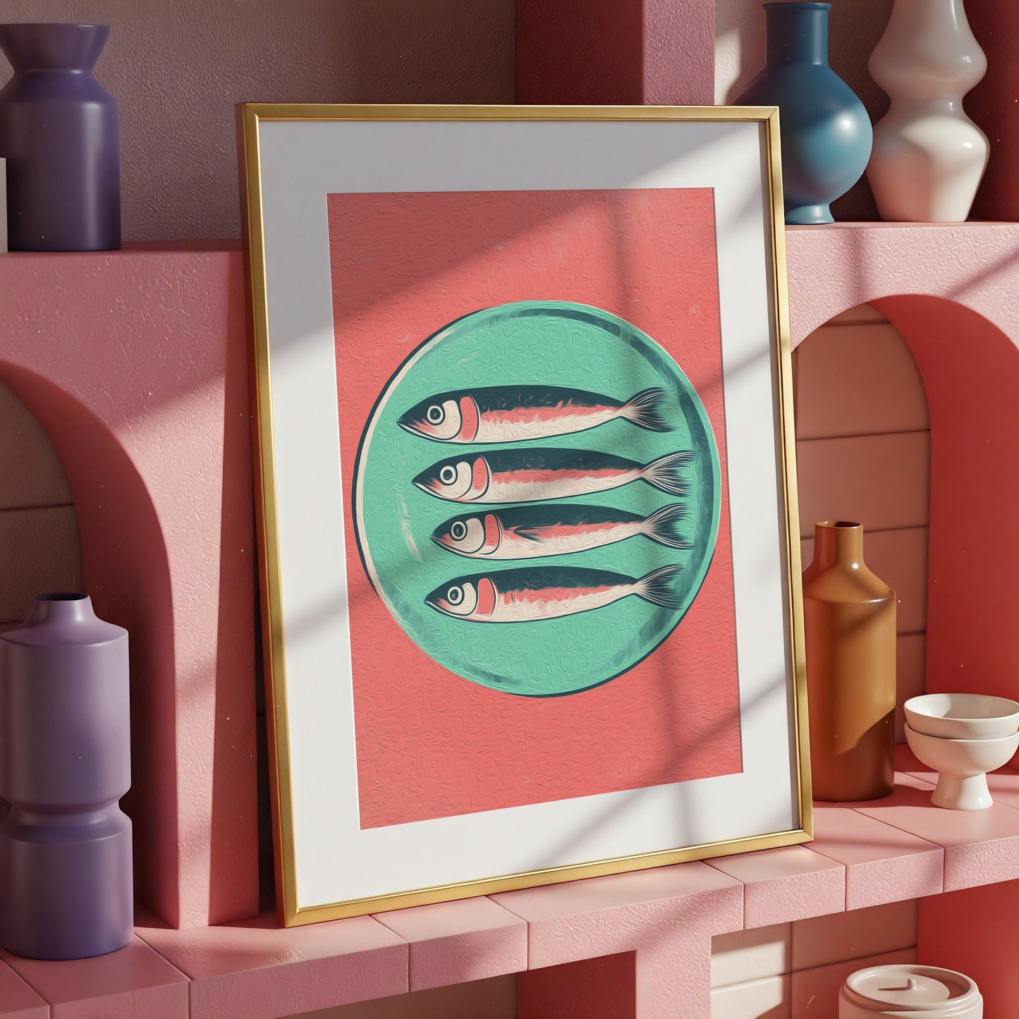 Retro Sardines Plate Print: Mid-Century Modern Kitchen Wall Art