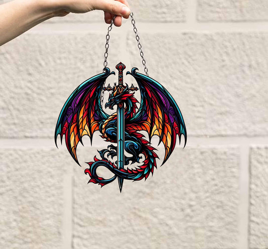 Fantasy Dragon window decor, Dragon and Sword Acrylic Window Hanging Art Decoration, faux Ornament, Gift for him, Indoor decor