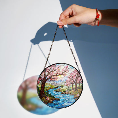Cherry Blossom River Stained Glass Suncatcher Round Window Hanging Gift for Mom