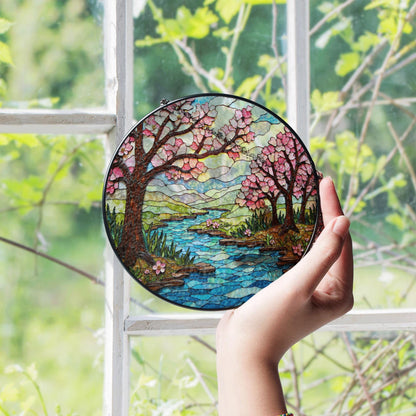 Cherry Blossom River Stained Glass Suncatcher Round Window Hanging Gift for Mom