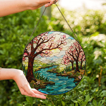 Cherry Blossom River Stained Glass Suncatcher Round Window Hanging Gift for Mom
