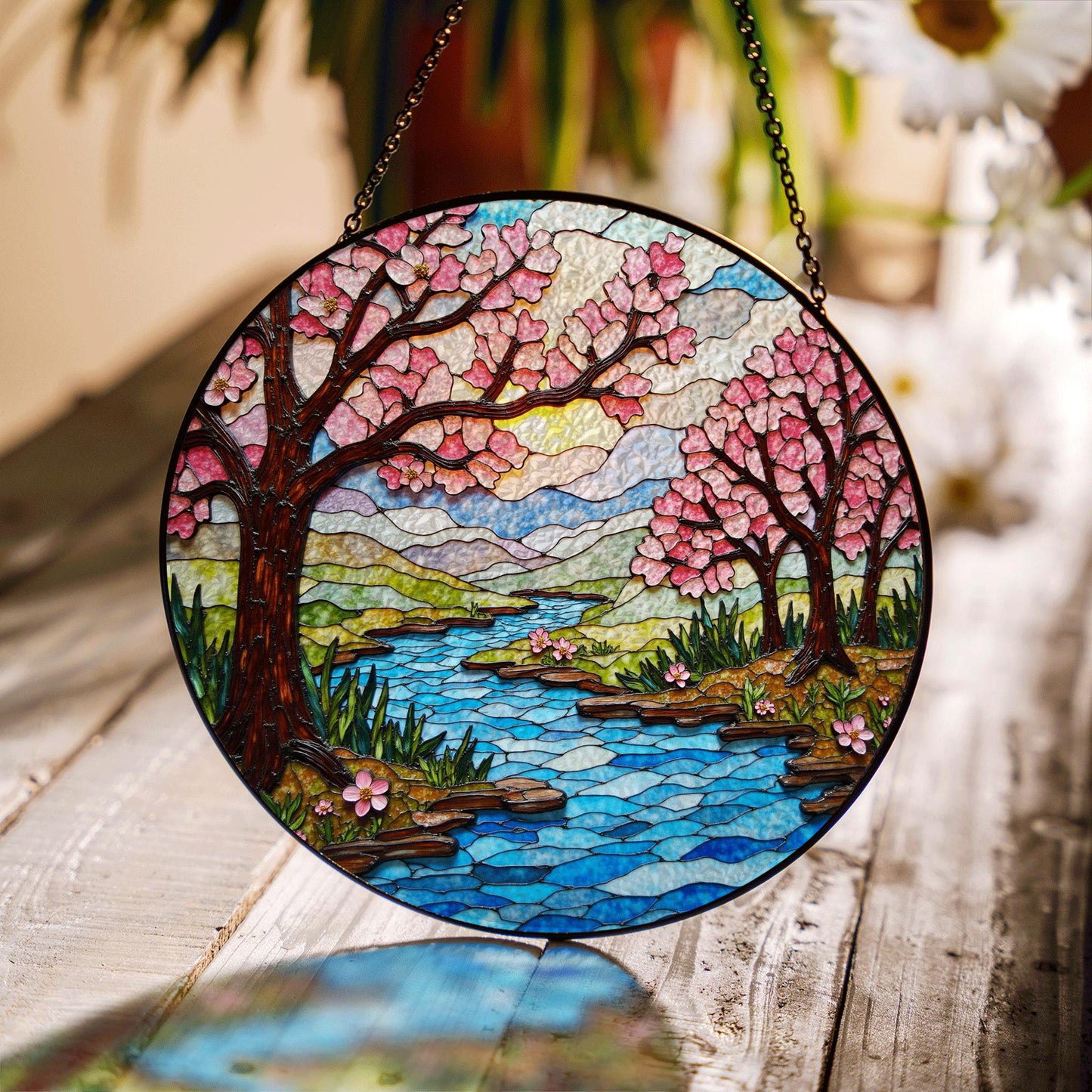 Cherry Blossom River Stained Glass Suncatcher Round Window Hanging Gift for Mom