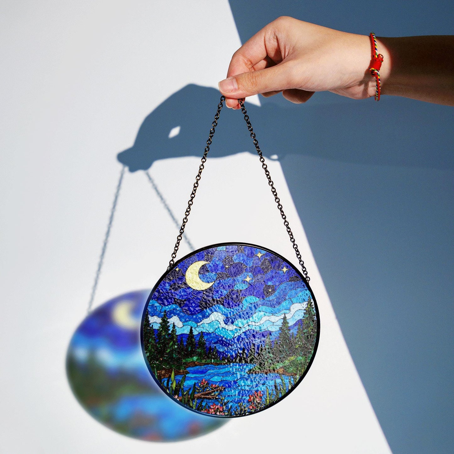 Moonlit forest lake night scene stained glass suncatcher window hanging gift for mom
