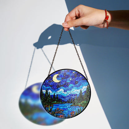 Moonlit forest lake night scene stained glass suncatcher window hanging gift for mom