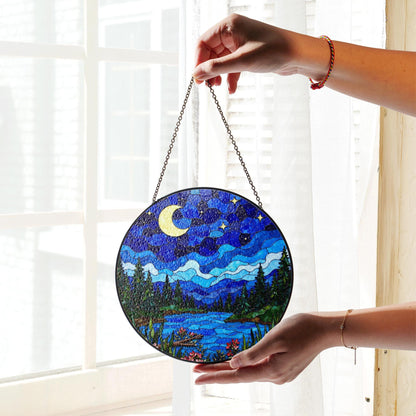 Moonlit forest lake night scene stained glass suncatcher window hanging gift for mom