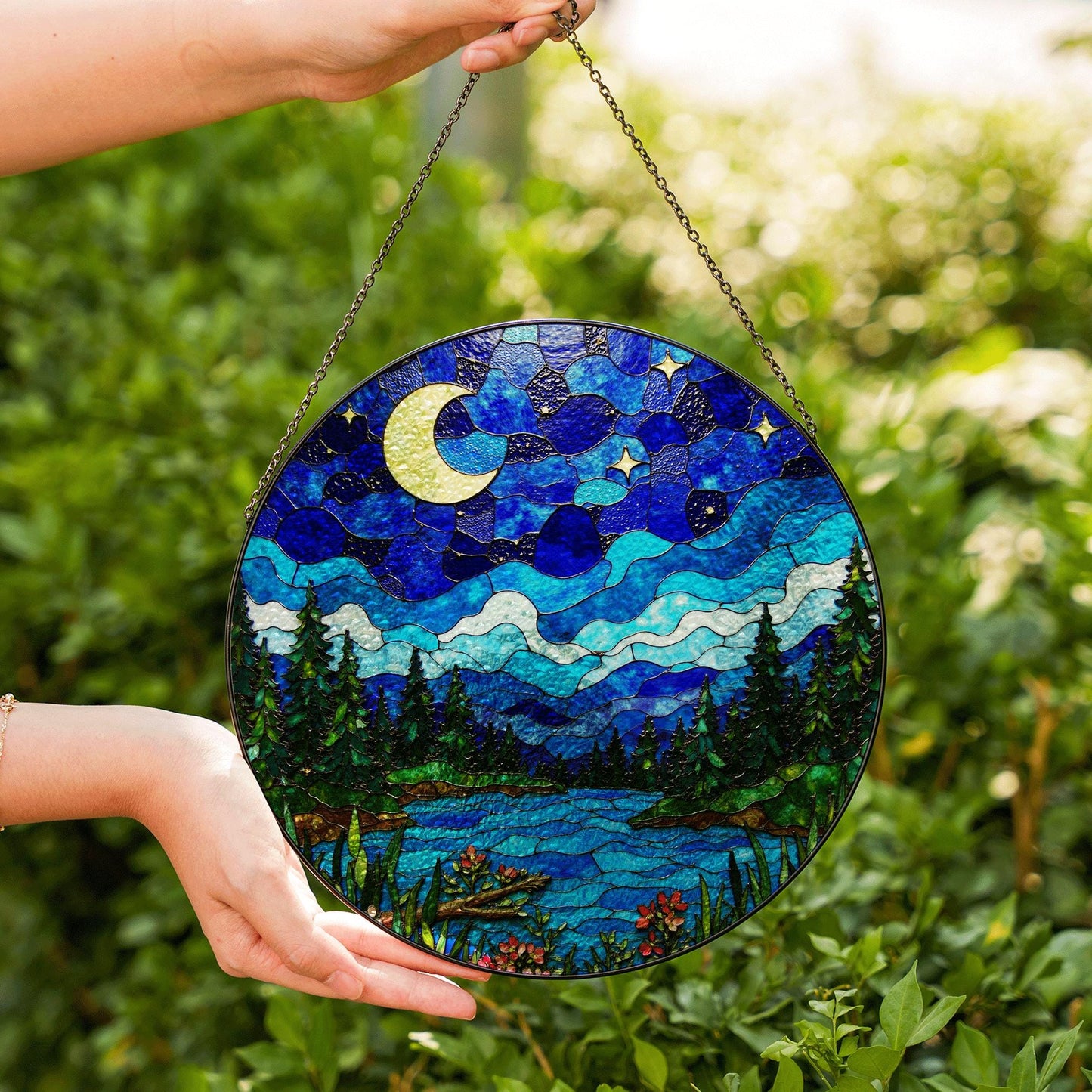 Moonlit forest lake night scene stained glass suncatcher window hanging gift for mom