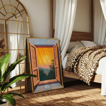 Matisse Style Window View Print: Fauvism Mountain Sunset Art