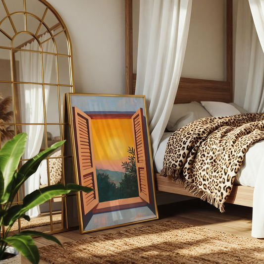 Matisse Style Window View Print: Fauvism Mountain Sunset Art