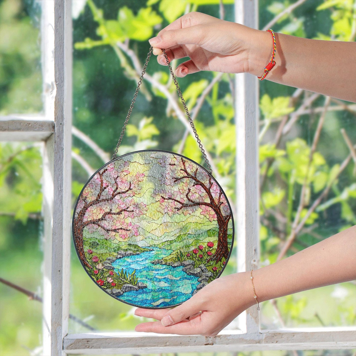 Cherry Blossom River Spring Stained Glass Suncatcher Nature Window Decor Gift for Mom
