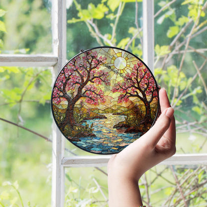 Cherry Blossom River Art Glass Suncatcher Spring Window Decor Gift for Mom or Nature Lover