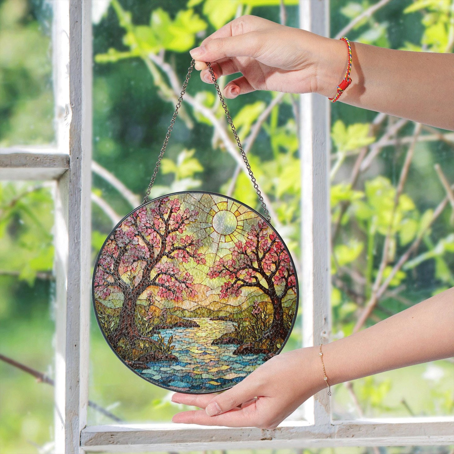 Cherry Blossom River Art Glass Suncatcher Spring Window Decor Gift for Mom or Nature Lover