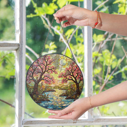 Cherry Blossom River Art Glass Suncatcher Spring Window Decor Gift for Mom or Nature Lover